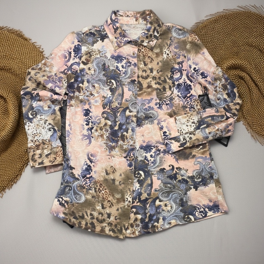 Soft Surroundings Paisley Animal Print Rhinestone Cotton Shirt Small 2AG13